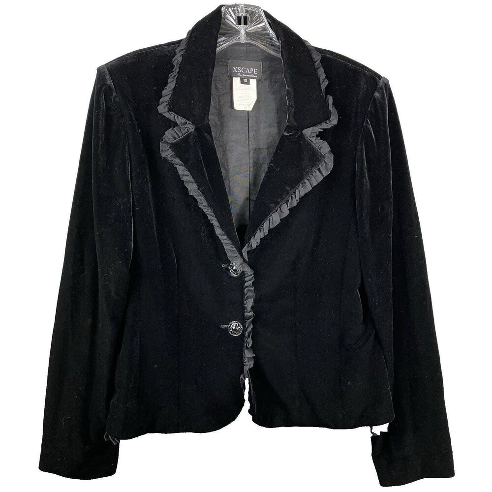 VTG Y2K Xscape Black Velvet Blazer Jacket Size 10 Tulle Trim Party Holiday Glam